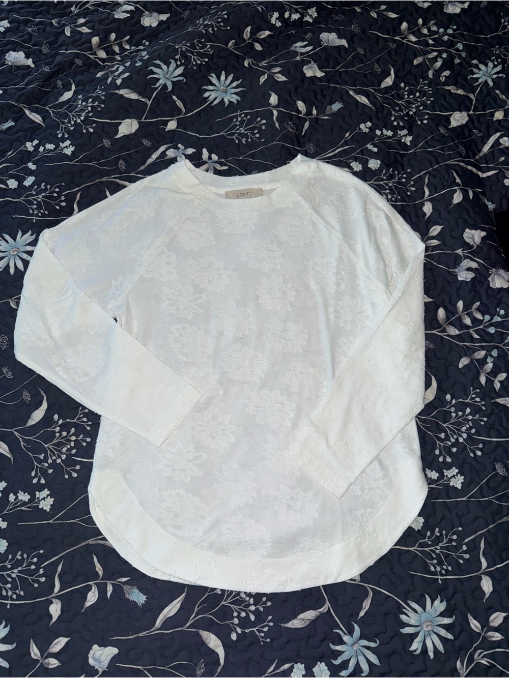 LOFT White Floral Jacquard Lightweight Pullover